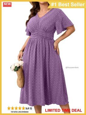 Plus Size Maxi Dress V Neck Short Puff Sleeve Swiss Dot A-Line High Waist
